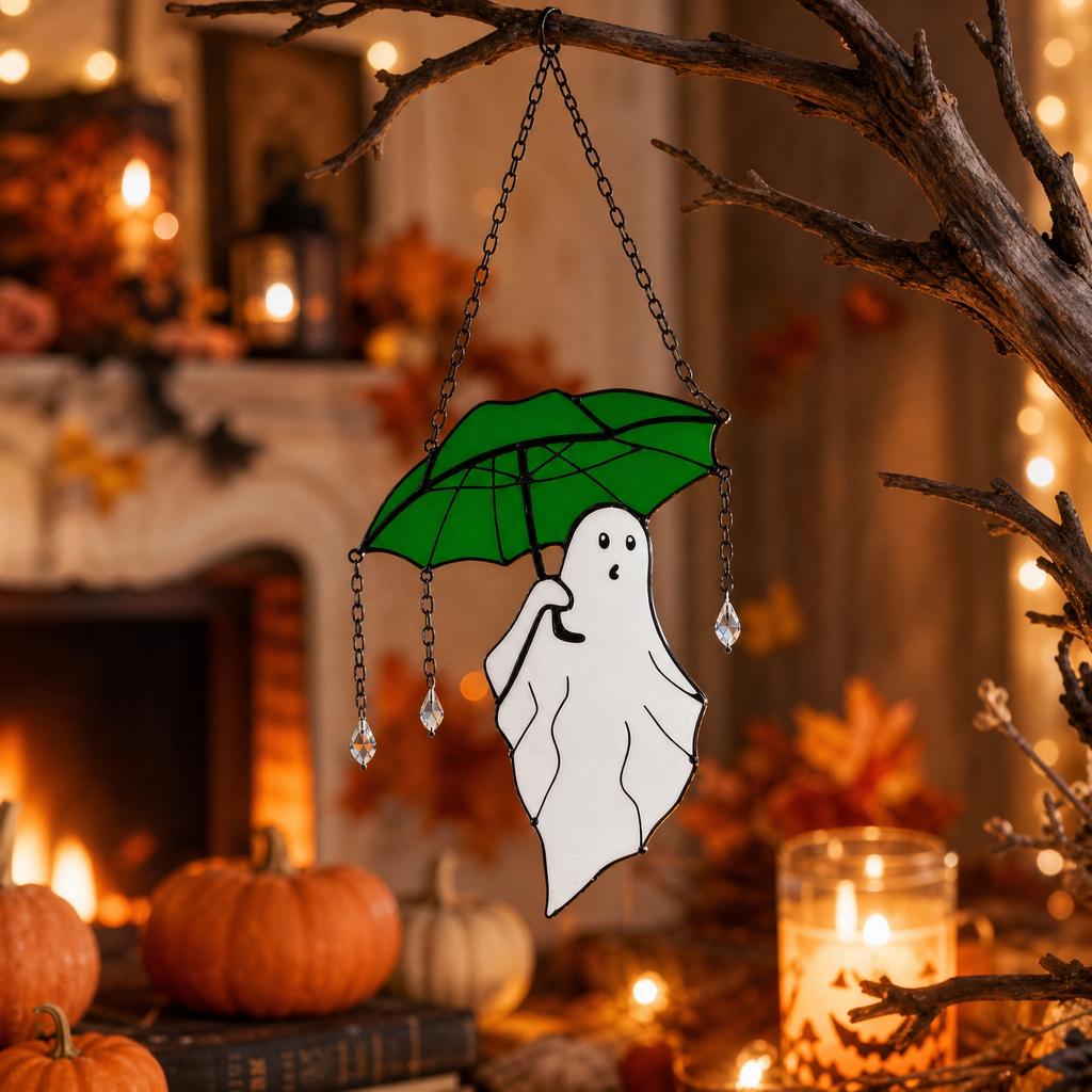 Acrylic Hanging Ghost Ornament with Umbrella Design Halloween Decoration Indoor Outdoor Hanging Pendant for Seasonal Home Decor