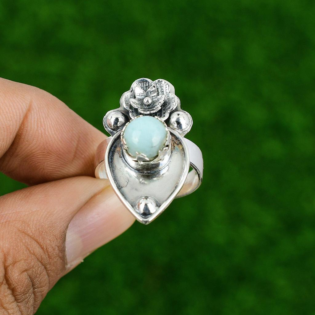 Gift For Women Multi Stone Flower Adjustable Ring 925 Silver Natural Larimar