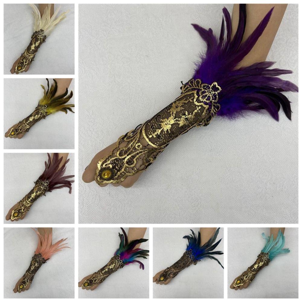 Embroidery Halloween Feather Cuffs Witch Women Feather Lace Glove Festival