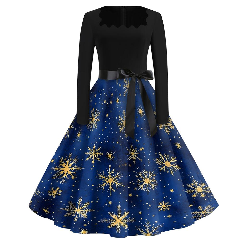Women's Casual Christmas Print Square Neck Vintage Dress for Holiday Party and Everyday Wear