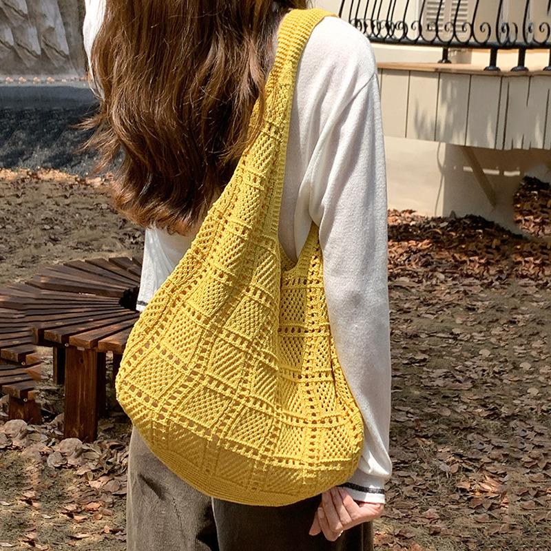 Yogodlns Retro Knitted Net Bag Shoulder Tote Beach Holiday Women's Bag Weaving Art Style Casual Minimalist Polyester Handbags