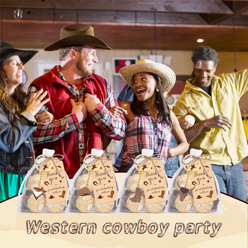 12 Sets Western Cowboy Party Favors For Guests Cowboy Boot Hat Keychain With White Organza Bags And Thank You Tags