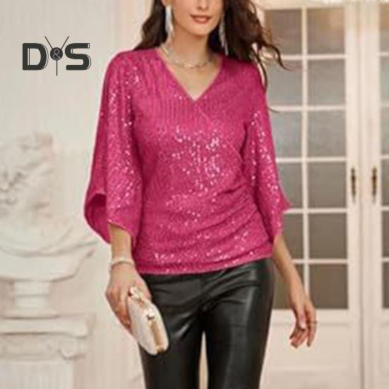 Women Top Shiny Sequin Hollow Out Three Quarter Horn Sleeve Solid Color V Neck Loose Pullover Soft Breathable Lady Commute Prom Blouse