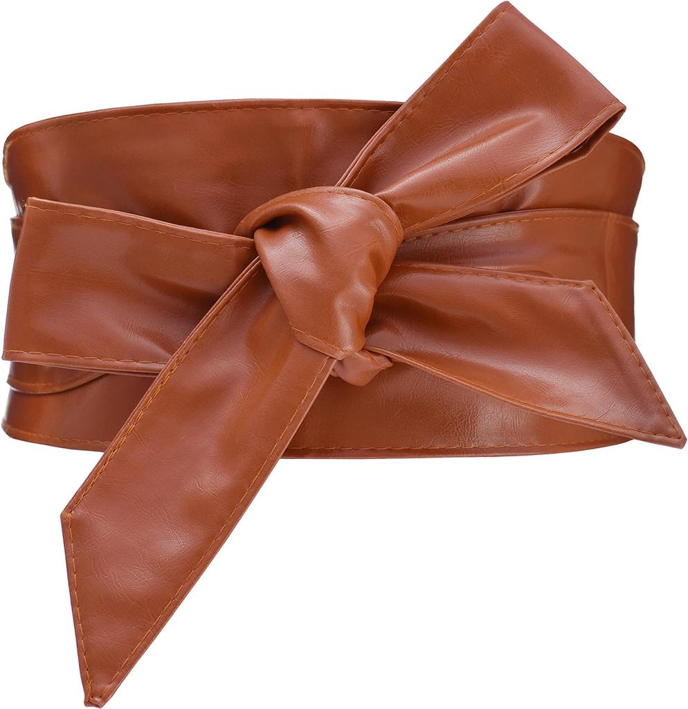 Woman Wide PU Leather Belt Obi Belt Self Tie Cinch Belt Wrap Around Bowknot Waistband Bright for Dress