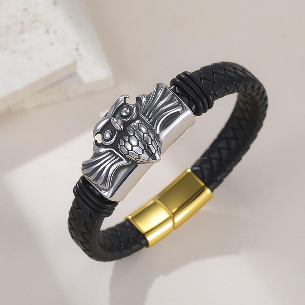 Dawapara Punk Flying Eagle Owl Bangle Bracelet 20cm Black Leather Wristband for Men Stainless Steel Jewelry