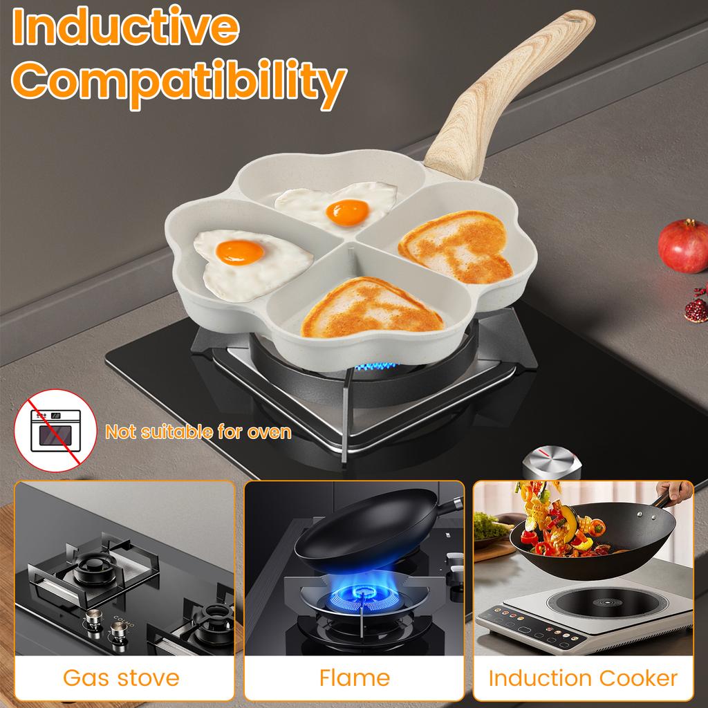 Sartén para Freír Huevos de 4 Tazas con Forma de Corazón Sartén para Tortillas Antiadherente con Mango de Madera Aleación de Aluminio Sartén Cocedor de Huevos Sin Esfuerzo