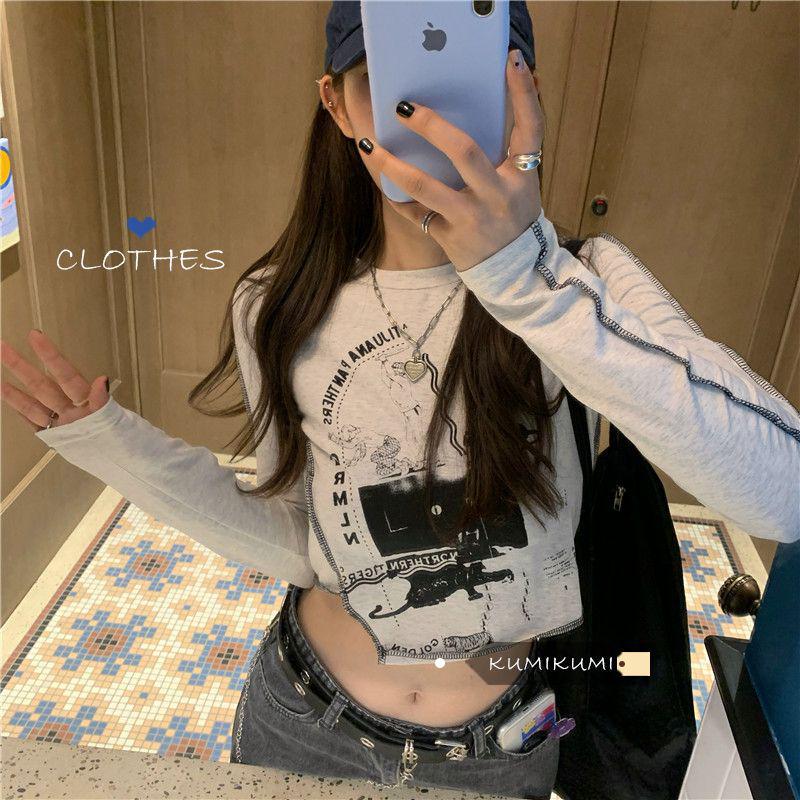 

Women s Chic High-Waisted Irregular Long-Sleeve Crop Top for Spring and Autumn Medium