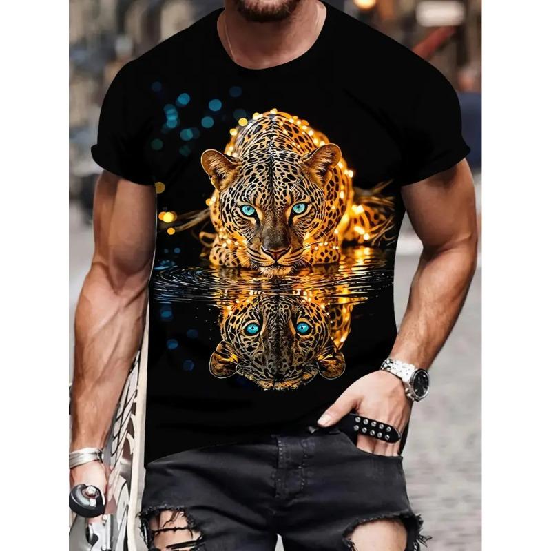 Men's Leopard Print T-shirt Sports Short Sleeved Crew Neck T-shirt for Summer Outdoor Fitness Workout Men's Clothing