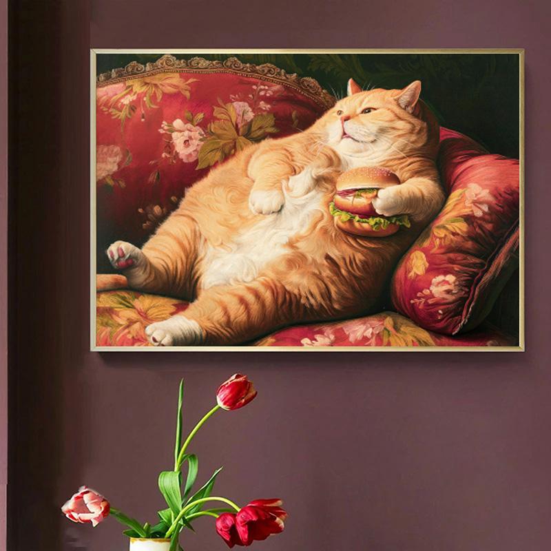 Vintage-Poster im Rokoko-Stil: Dicke orange Katze mit Hamburger – Lustiges und niedliches Tierposter auf Leinwand, Wandbild für Zuhause oder Zimmer