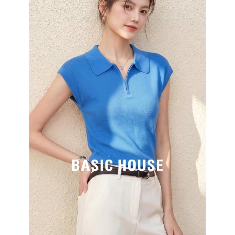 Basic House Women s Polo Collar Short Flutter Sleeve Knit Top XL