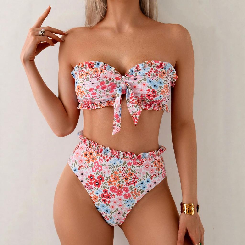 European And American Trend Printing Split Swimsuit Female Sexy Fungus Edge Bikini Suit