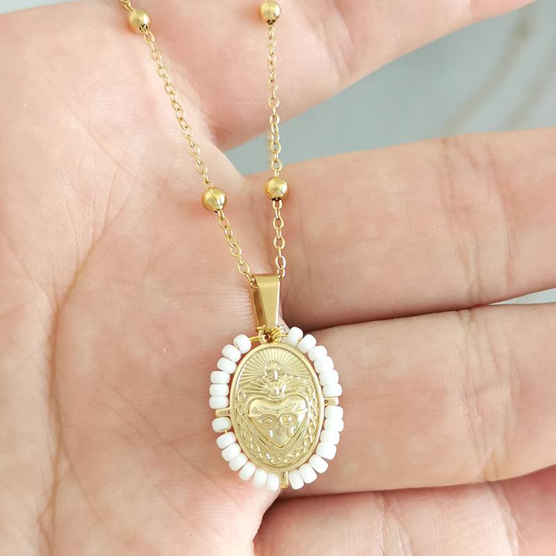 QMHJE Virgin Mary Pendant Charm Necklace Women Cross Scared Heart Jesus Choker Seed Beads Stainless Steel Chain Gold Color Mom