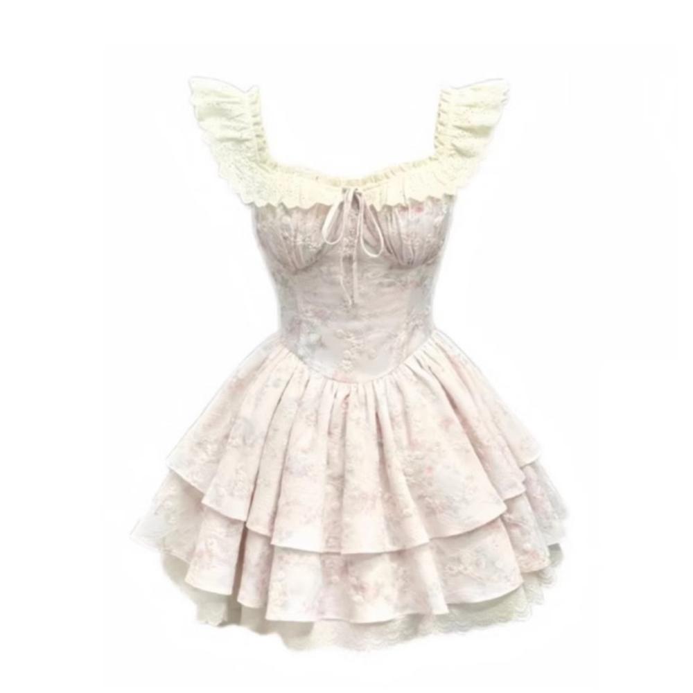 Summer French Gentle Wind Sweet and Unique Beautiful Floral Suspender Dress Waist Puffy Skirt Super Beautiful French