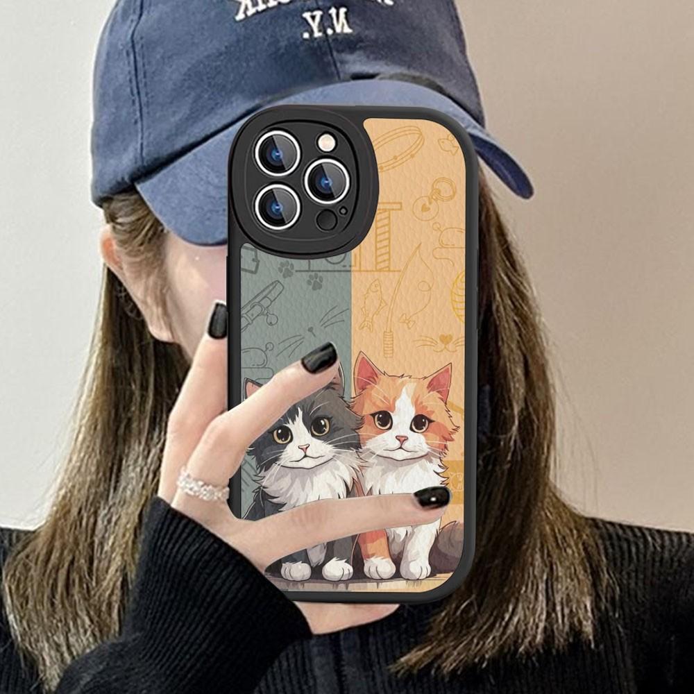 

Cartoon Cute Cats Background Phone Case Hard Leather For IPhone 16 15 14 13 12 Mini 11 14 Pro Max Xs X Xr 7 8 Plus Fundas iPhone 16