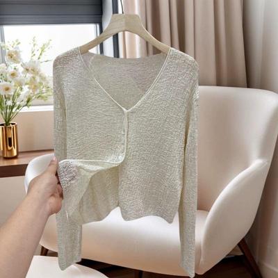 Summer Casual V-Neck Linen Knit Cardigan - Lightweight, Hollow-Patterned, Slightly Transparent Sun Protection Jacket