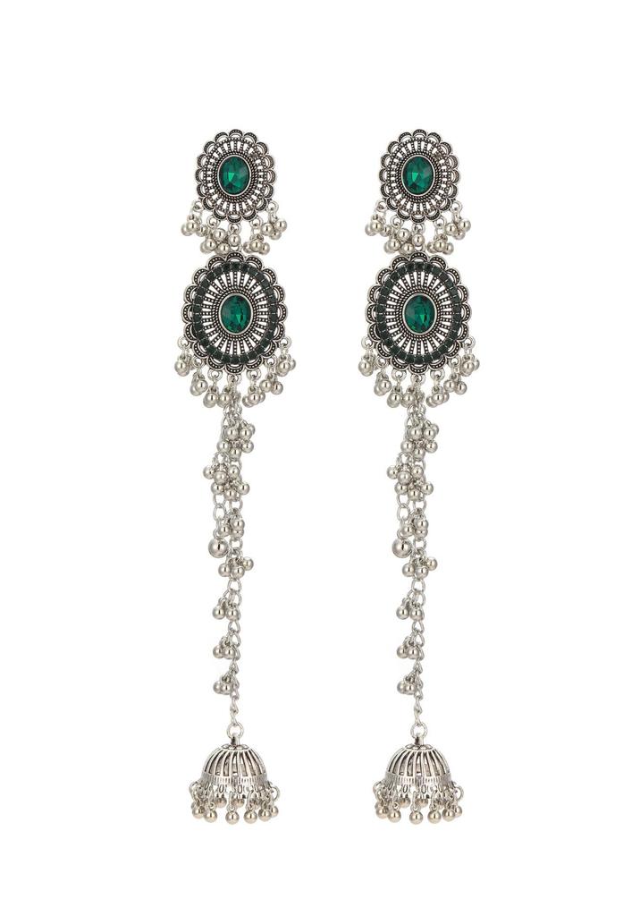 Indian Style Rhinestone Tassel Earrings with Oval Crystal