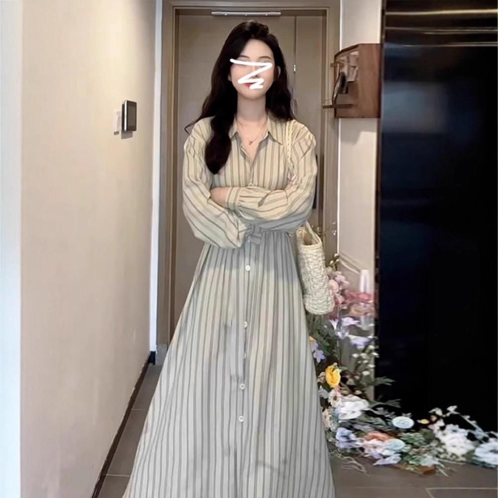 French Striped Long-sleeved Shirt Dress Women's Clothing Early Autumn New Waist Temperament Small Long Dress