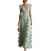 Women V Neck Sleeveless Ruffle Side Slit Maxi Dress Solid Beige