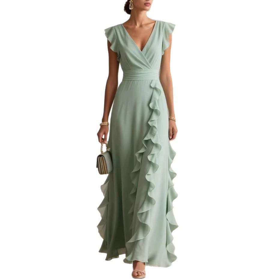 Women V Neck Sleeveless Ruffle Side Slit Maxi Dress Solid Beige