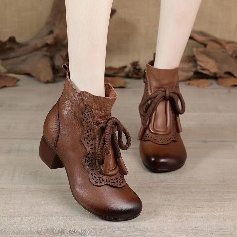 Retro Short Boots Women's Autumn Round Head Medium Heel Soft Sole Medium and Old 2 Women's Fashion Boots