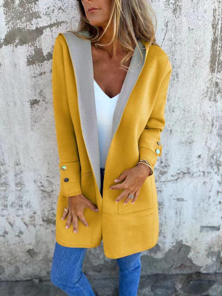 Women's Orange Hooded Cardigan Sweater Casual Long Sleeve Open Front Lightweight Jacket