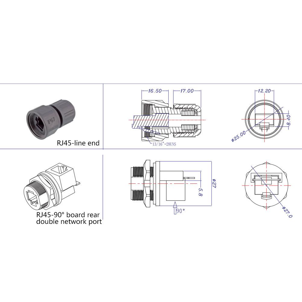 RJ45 90 stupňů RJ45 Konektor 8 pinů Síťový můstek Vodotěsný konektor Konektor