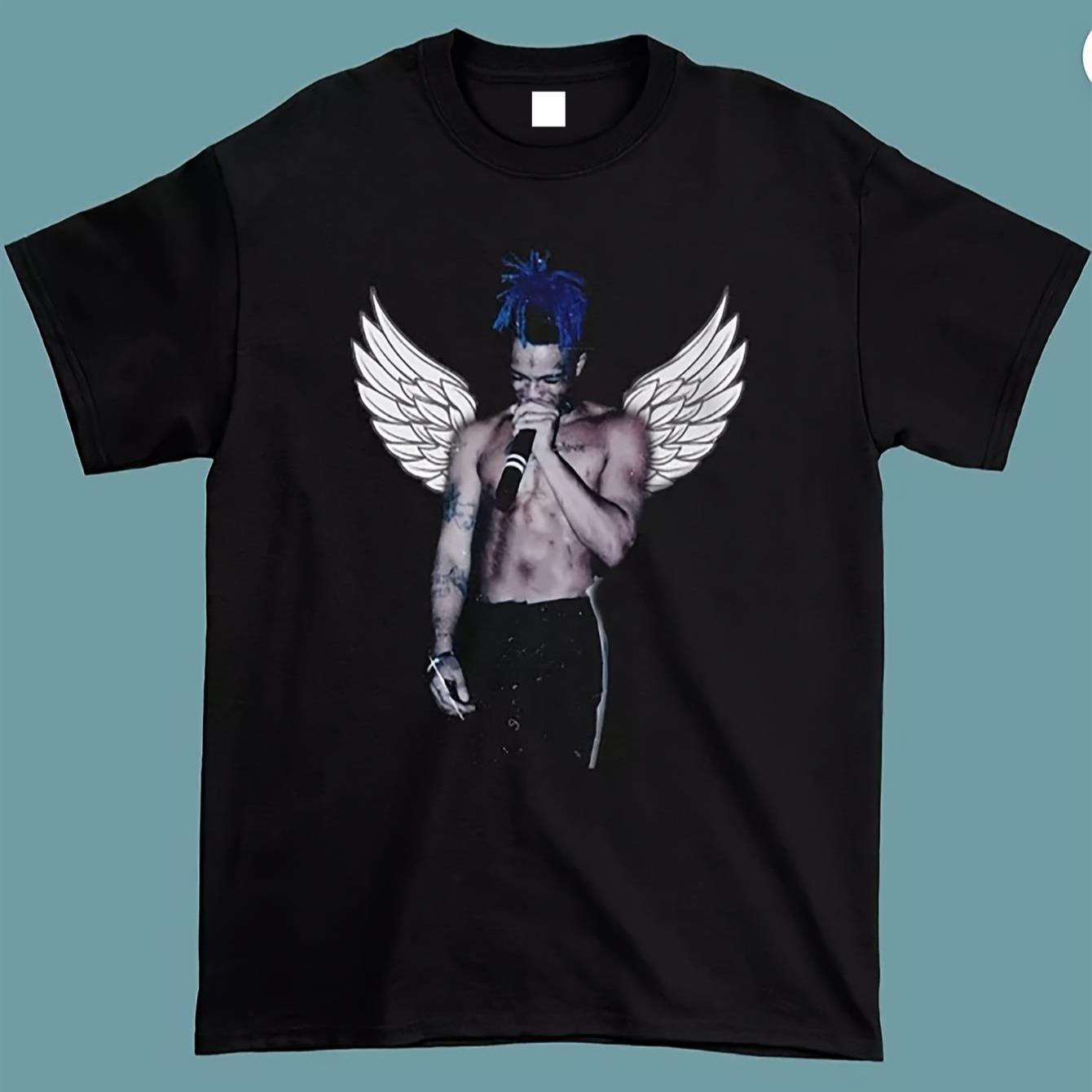 

Tentacion Rapper Angel Mens Graphic TShirt Black with Blue Wings and Microphone Design Couple Streetwear Shirt - Men s Summe... S разноцветный