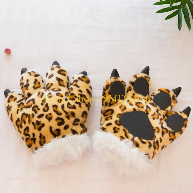 49MD Adult Kids Simulation Leopard Paw Plush Gloves Animal Stuffed Padded Hand Warmer Cosplay Costume Mittens