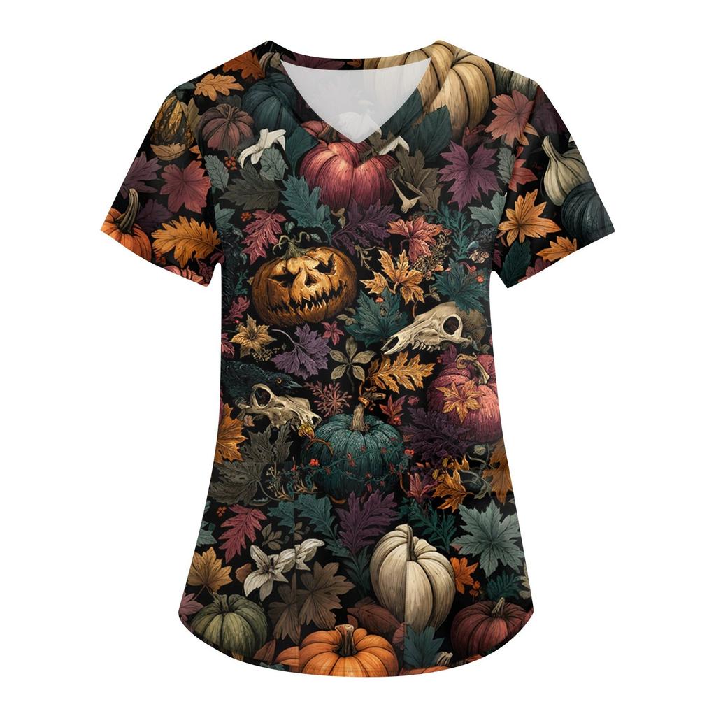 Women's Printing Uniform Work Uniform V-neck Pockets Basic Short Sleeve Pullover Top