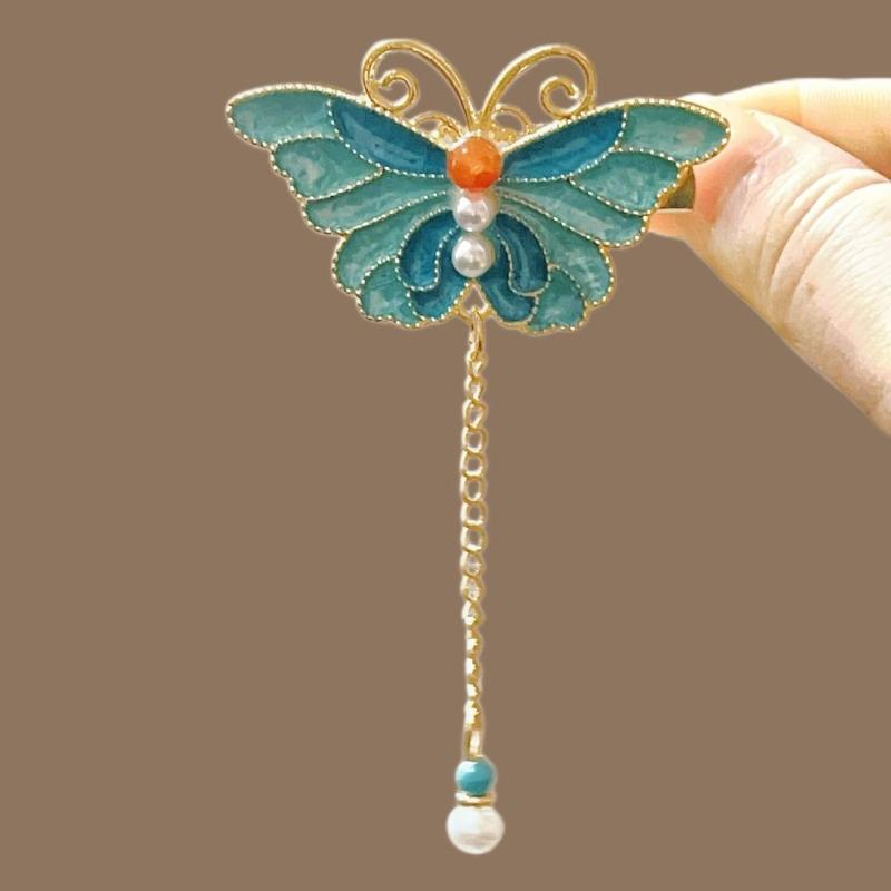 

New Chinese style burnt blue pearl hair accessories women s hairpin butterfly antique design fringed headdress