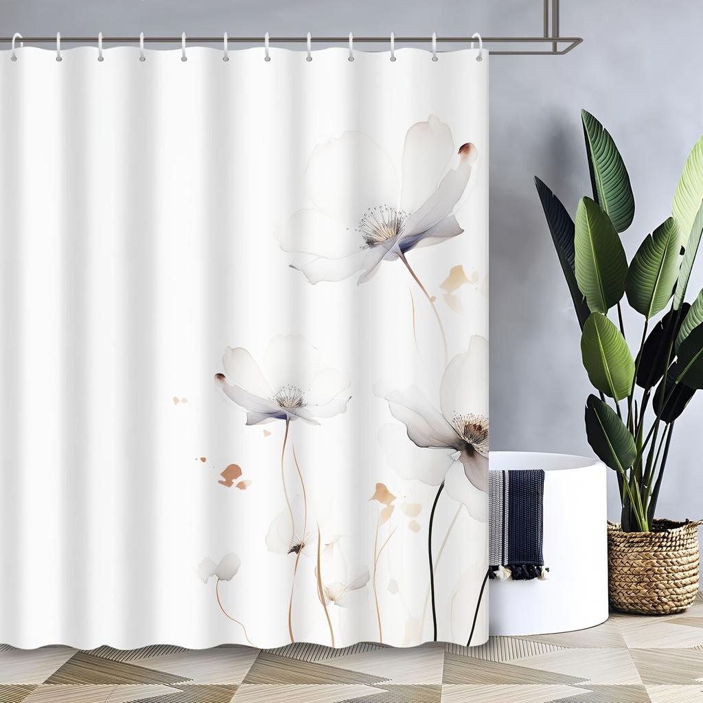 Abstract Watercolor Flower Shower Curtain - Elegant Light Print, Hotel Style, 72x72 Inches, 12 Hooks, Wall & Bath Decor
