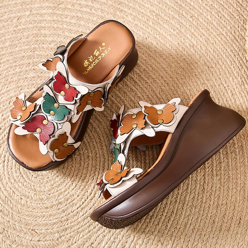 Fashion GKTINOO Genuine Leather Summer Shoes Women Slippers Wedges Outside Slides Flowers 2025 New Handmade Concise Ladies Slippers