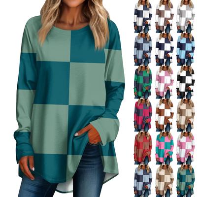 Women's Casual Plus Size Long Sleeved Round Neck Color Blocking T-shirt Top Pullover