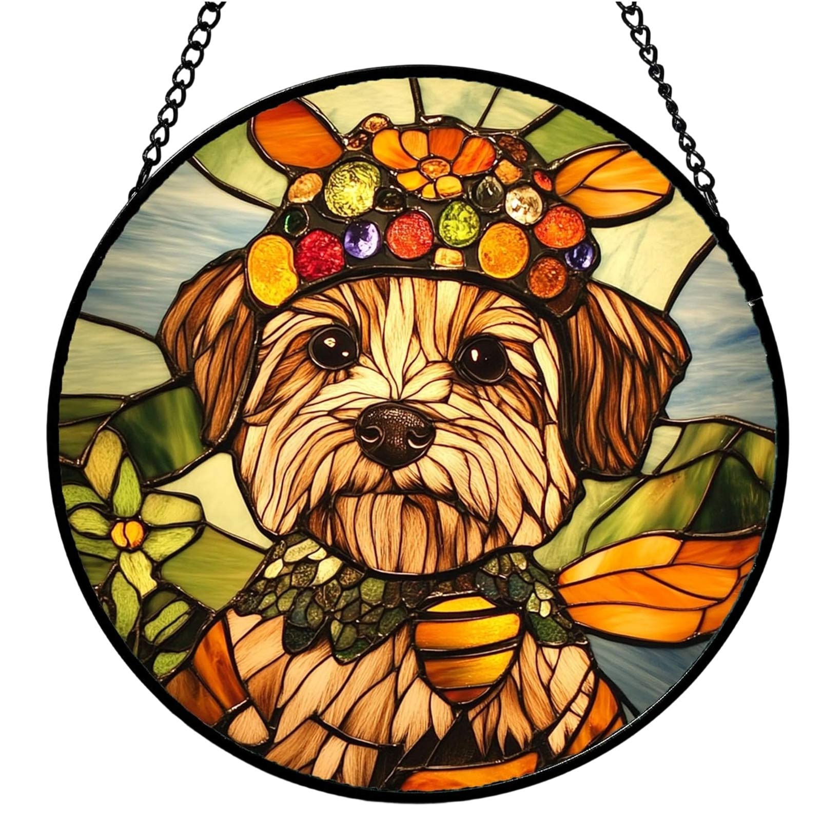

Round Stained Glass Window Hanging Suncatcher with Dog and Floral Pattern for Home Kitchen Garden Conservatory Decoration with Chain Easy to Hang One Size