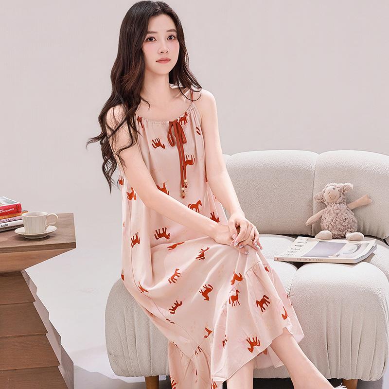 Gentle Wind Gradual Change Tie-dye Cotton and Silk Suspender Nightdress Ruffle Edge Hem Loose Pajama Skirt Women Large Size Home Skirt