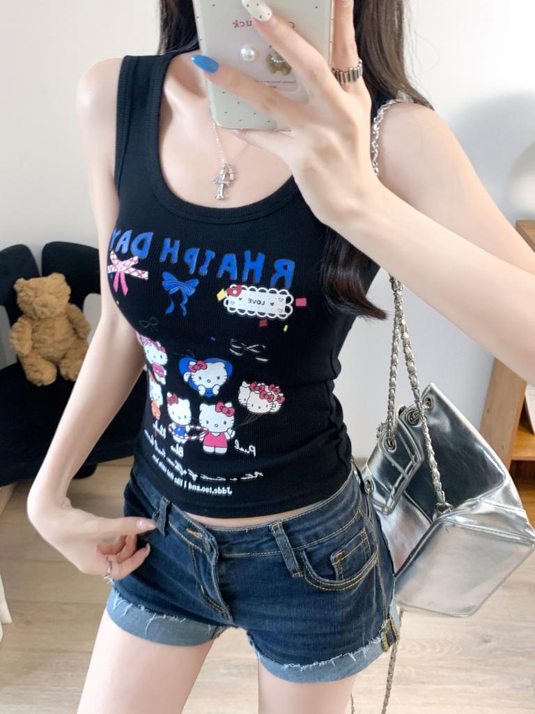 #Summer new sweet wind cartoon print splicing round neck vest female slim fixed with chest pad top
