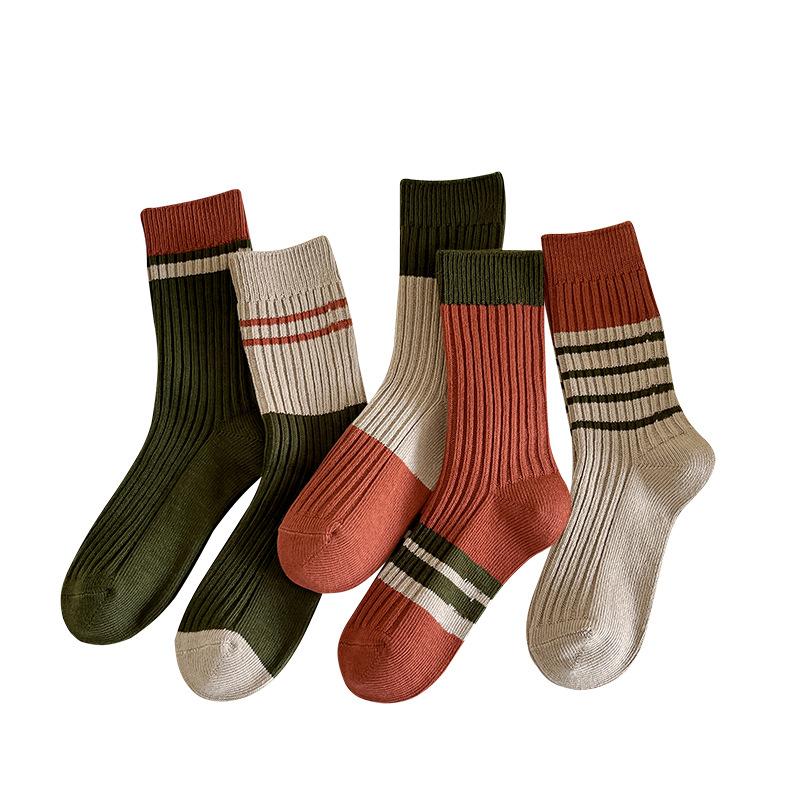 Female Autumn and Winter Thickened Warm Pure Color Cotton Color Striped Retro Tube Stack Socks