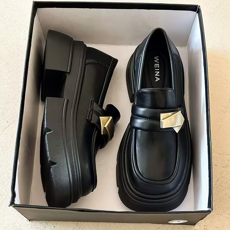 Retro Leather Shoes - New Style Women's Single Shoes with Thick Sole and Chunky Heel for Heightening The Feet.