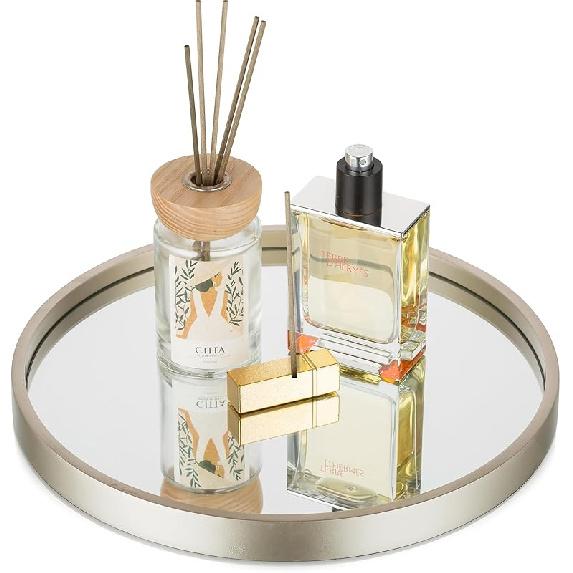 Hanobe Mirror Bathroom Vanity Tray: Sliver Perfume Organizer Decorative Round Trays for Makeup Jewelry Dresser Holder for Women - Wood Table Counter 11.8