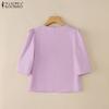 ZANZEA Women Casual Round Neck 3/4 Sleeve Summer Plain Blouse