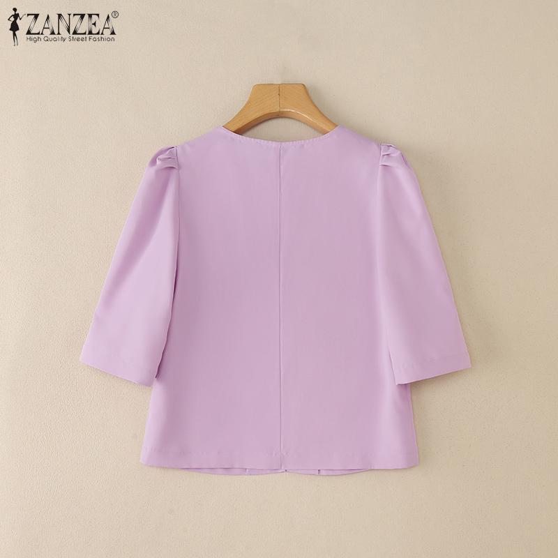 ZANZEA Women Casual Round Neck 3/4 Sleeve Summer Plain Blouse