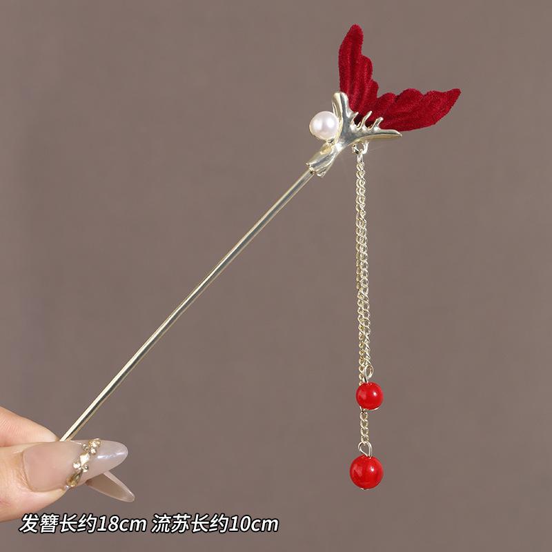 Vintage Chinese Style Rose Hairpin For Women Red Flower Element Tassel Hair Stick Elegant Exquisite Handmade Hair Accessories
