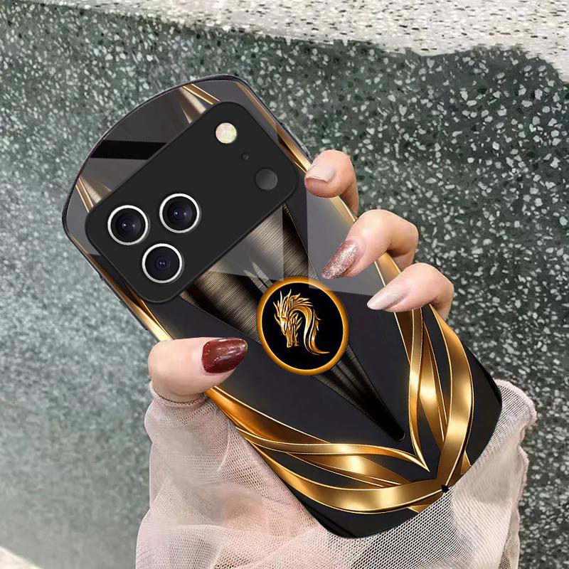 Golden dragon pattern gray For iPhone 17 16 15 14 Pro 13 Plus 12 mini 11 Pro Max XR X S 7 8 Elliptical Tempered Glass Phone Case