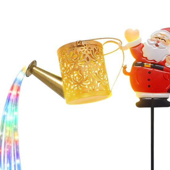 Solar Lights Outdoor Santa Watering Can Kettle Lights LED Fairy Lights Waterproof Metal Garden Lantern for Yard Patio Lawn Pathway