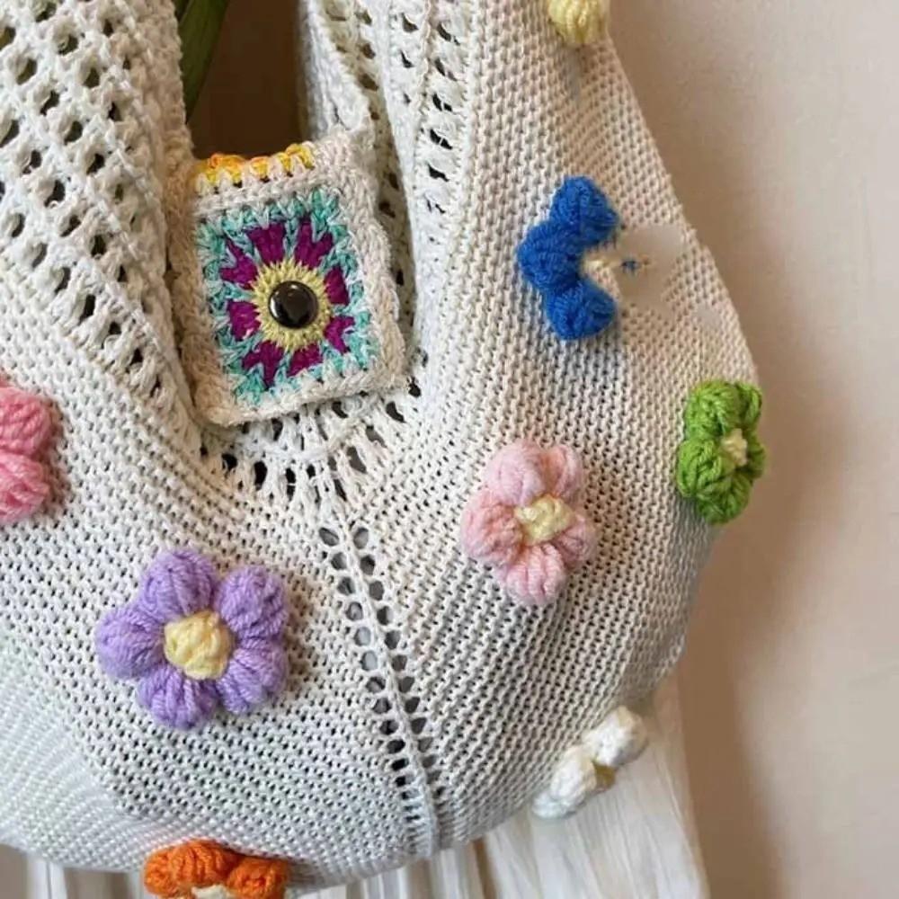 Trendy Hollow Out Woven One-shoulder Bag Flower Design Bohemian Style Beach Bag Tote Bag for Women