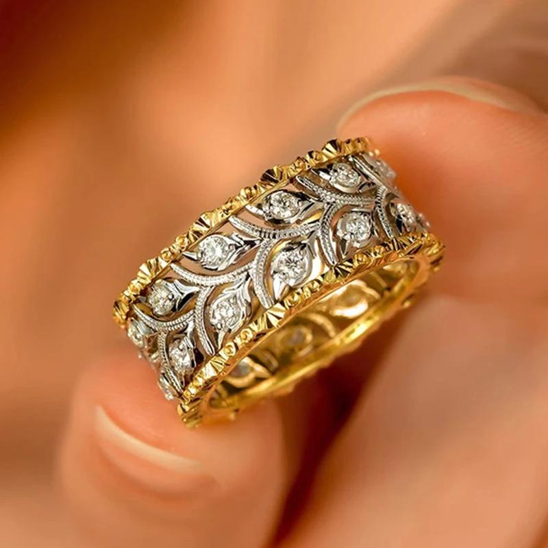 Unique Hollow-out Leaf Designed Rings for Women Sparkling Two Tone Finger Accessories Fashion Engagement Wedding Jewelry