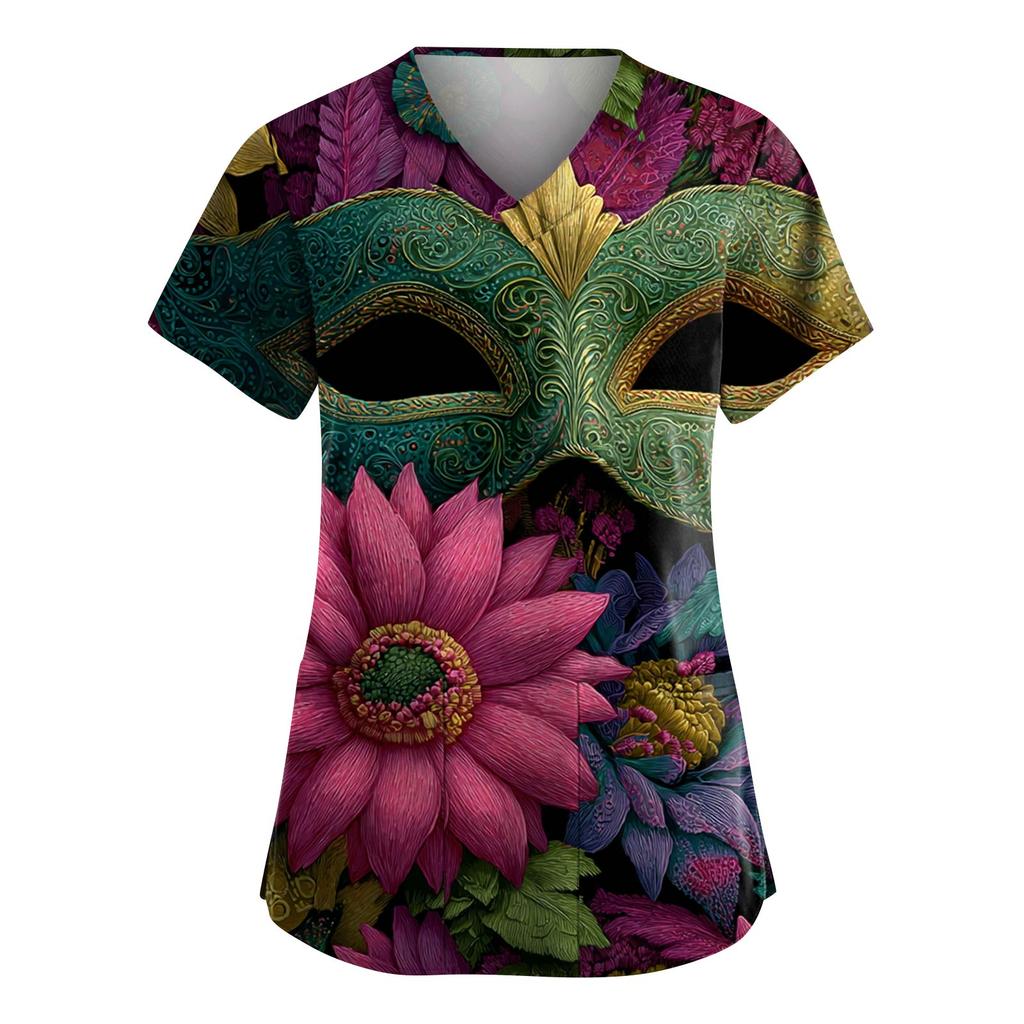 Women's Fashion V-Neck Short-Sleeved Workwear With Pockets Carnival Print Top Caregiver Uniform
