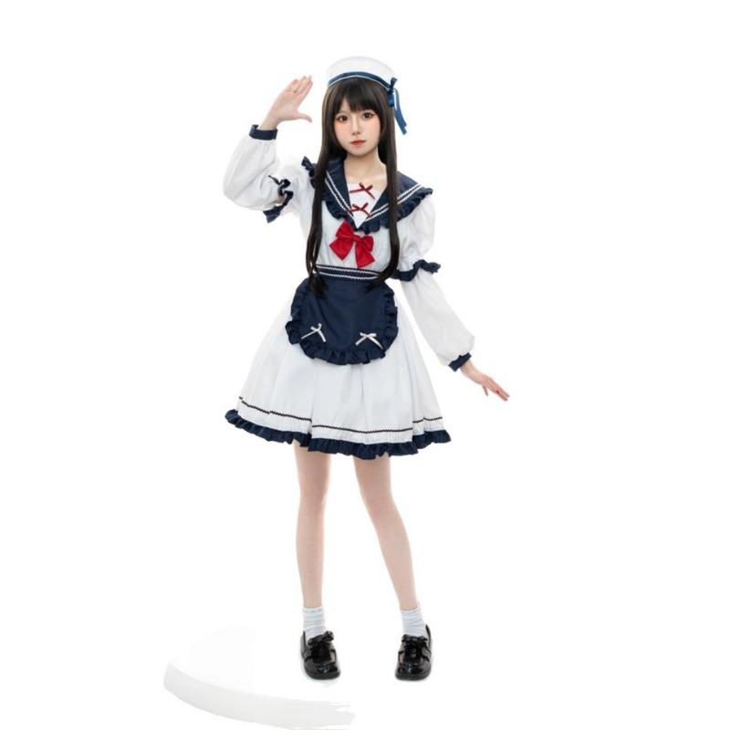 Halloween Navy Collar JK Uniform Suit Lolita Lolita Pure Desire Small Dress Pleated Blue and White Dress Women