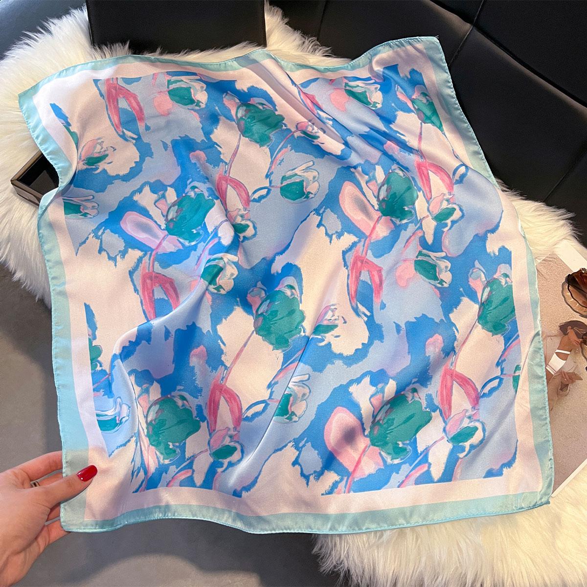 

2025 Новый роскошный модный принт 70*70 см шелковый квадратный шарф женский мягкий ободок для волос шейный платок галстук женский ободок фуляр сумка лента небесно-голубой