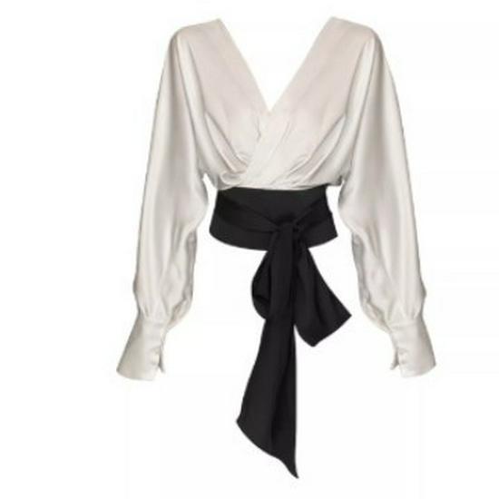 

Korean Style Color Block V-Neck Batwing Sleeve Shirt - Women s Elegant Tie-Up Waist Spring Top L бежевый